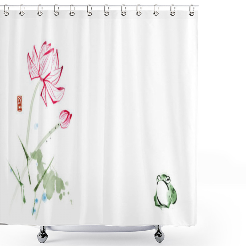 Personality  Frog Sitting Under Lotus Flowers On White Background. Traditional Oriental Ink Painting Sumi-e, U-sin, Go-hua. Shower Curtains