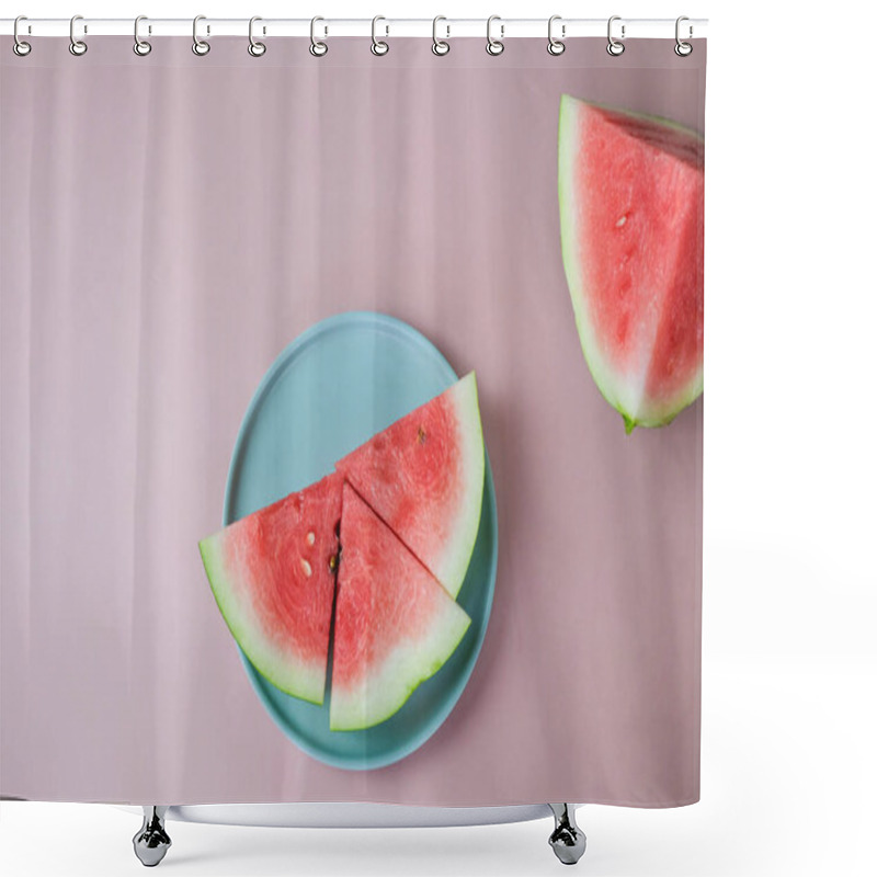 Personality  Pieces Of Watermelon On A Round Plate On A Pink Background. Top View, Flat Lay.Ripe Watermelon Slices.Vegetarian Food.Place For Text Shower Curtains