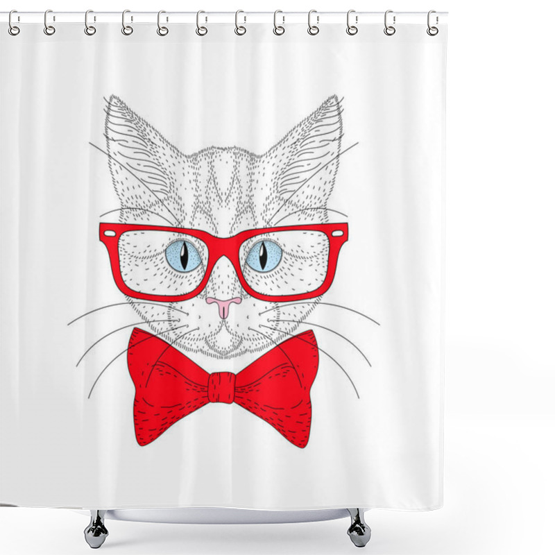 Personality  Vector Cute Cat Portrait With Hipster Glasses. Hand Drawn Kitty  Shower Curtains