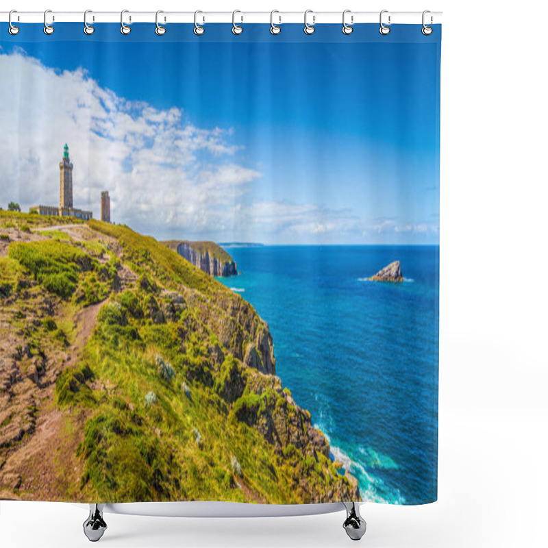 Personality  Panoramic View Of Scenic Coastal Landscape With Traditional Lighthouse At Famous Cap Frehel Peninsula On The Cote D'Emeraude, Commune Of Plevenon, Cotes-d'Armor, Bretagne, Northern France Shower Curtains