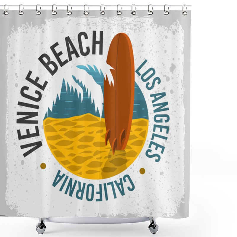 Personality  Venice Beach California Surfing Surf Design With A Surf Board On The Beach And Palm Leaf  Logo Sign Label For Promotion Ads T Shirt Or Sticker Poster Vector Image. Shower Curtains