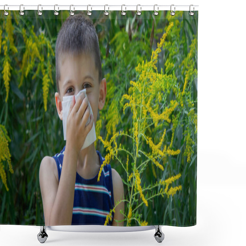 Personality  Child Sneezing Outdoors Near Goldenrod Plants, Seasonal Allergy Concept. Shower Curtains