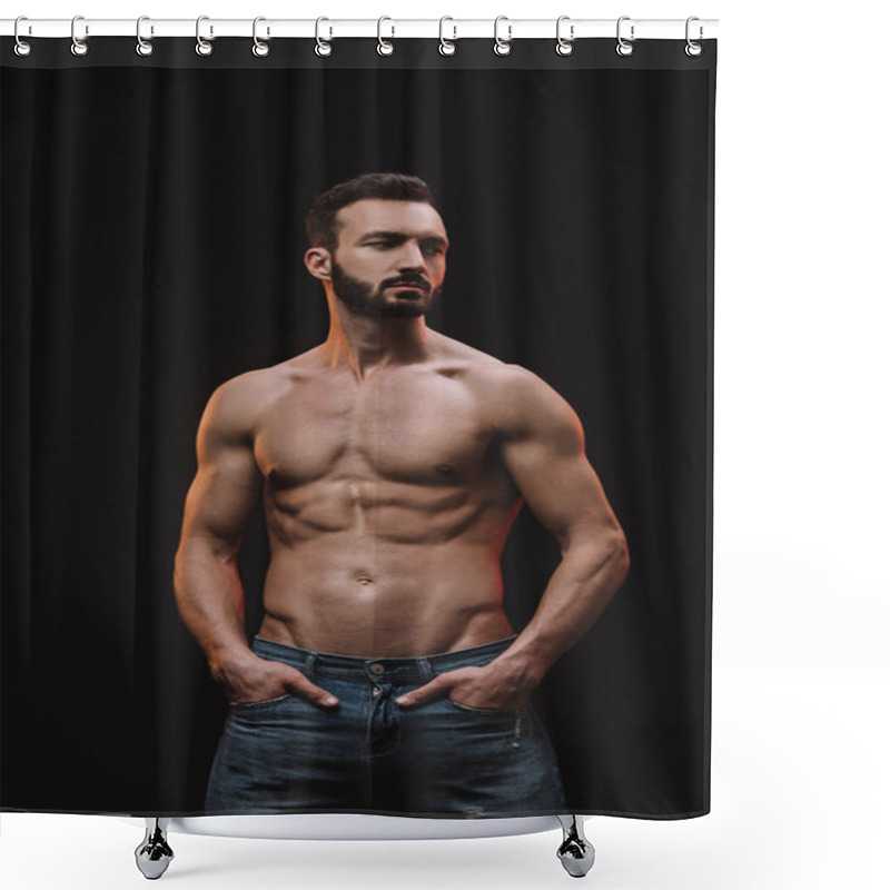 Personality  Muscular Shirtless Macho Posing Isolated On Black Shower Curtains