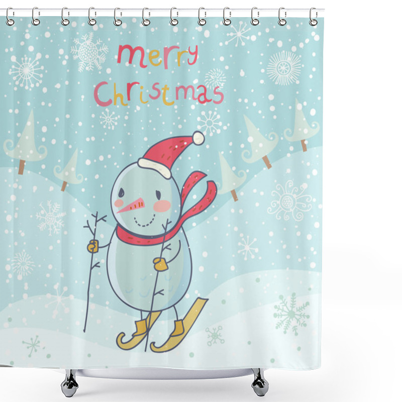 Personality  Snowman Skiing. Cute Cartoon Christmas Background Shower Curtains