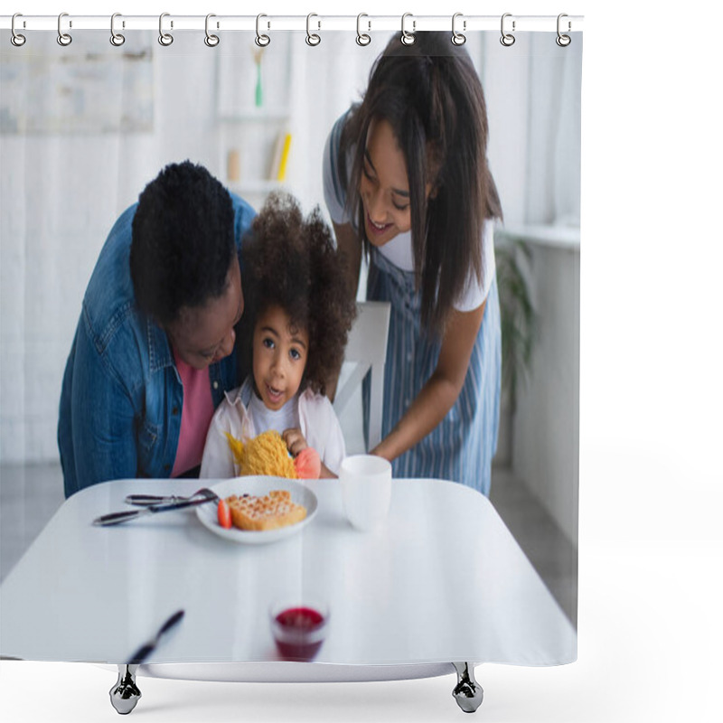 Personality  Happy African American Women Embracing Kid Sitting With Soft Toy Near Waffle And Bowl With Jam Shower Curtains