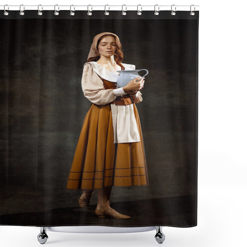 Personality  Vintage Portrait Of Young Adorable Redhead Girl In Image Of Medieval Person, Peasant Woman In Renaissance Style Dress Isolated On Dark Background. Comparison Of Eras, Beauty, History, Art, Creativity. Shower Curtains