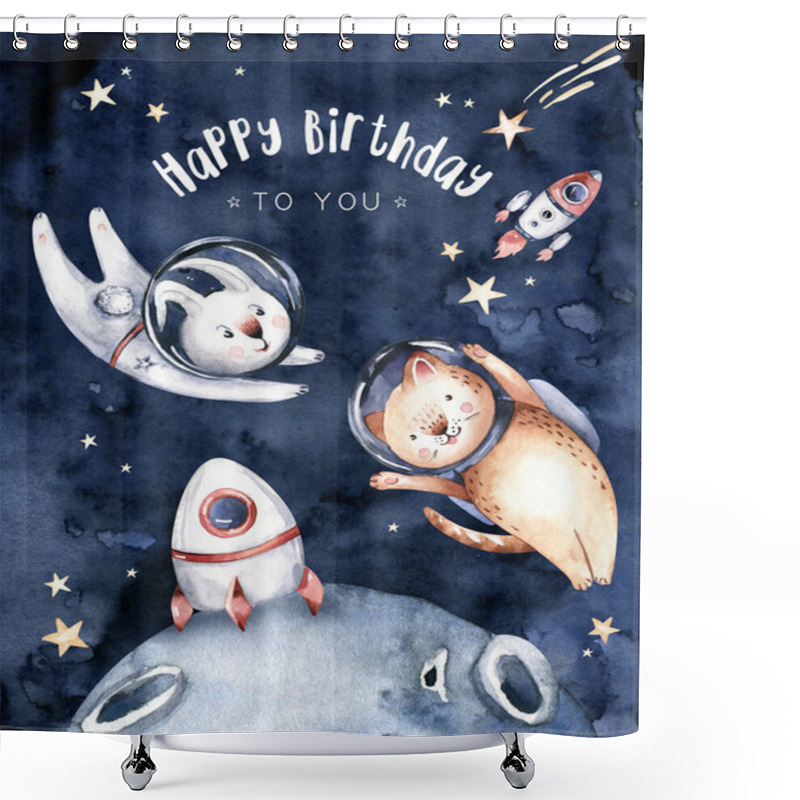 Personality  Astronaut Baby Boy Girl Elephant, Fox Cat And Bunny, Space Posters, Birthday Invitations Cosmonaut Stars, Planet, Moon, Rocket And Shuttle Isolated Watercolor Space Ship Illustration. Shower Curtains