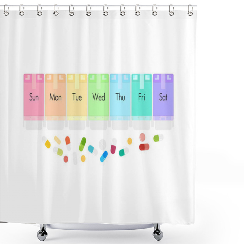 Personality  Pills And Capsules In Pill Organizer. Medical Concept, Illustration Of Pharmacy Bag With Pill Container Or Pill Box Isolated On A White Background. Vector Illustration. Shower Curtains