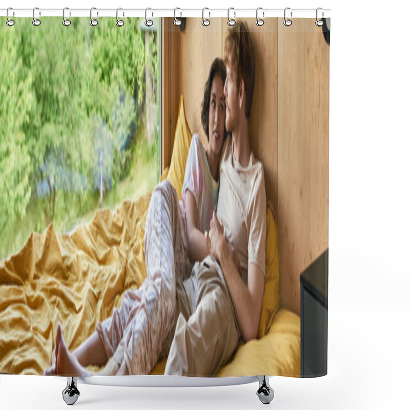 Personality  Redhead Man Lying On Bed With Cheerful Asian Woman At Looking At Window With Natural View, Banner Shower Curtains