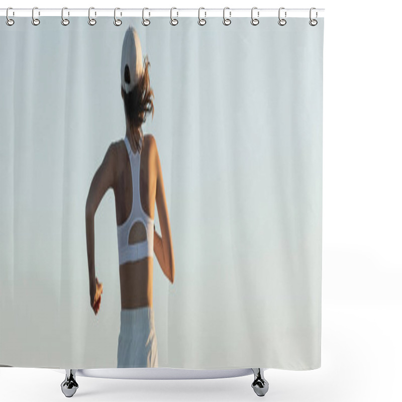 Personality  Back View Of Young Sportive Woman Running Near Sea In Summer, Banner Shower Curtains