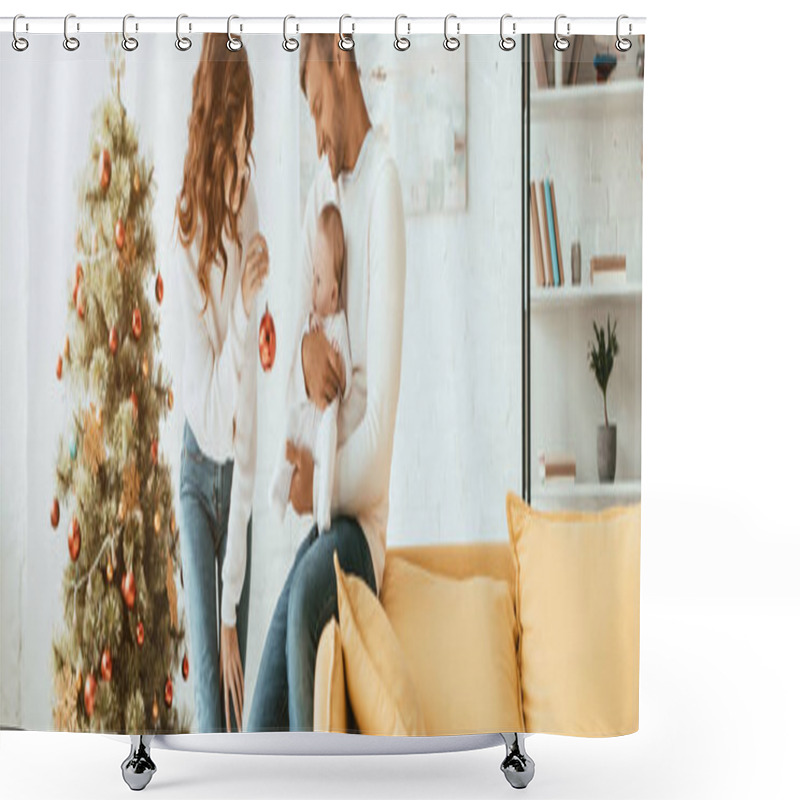 Personality  Cropped View Of Mother Showing Christmas Ball To Little Child Sitting On Fathers Hands Near Decorated Christmas Tree Shower Curtains