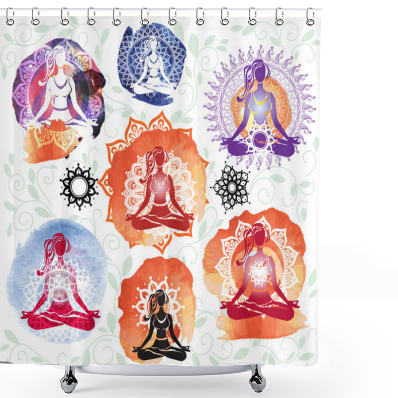 Personality  Silhouette Of Woman Meditating In Lotus Position On Round Patter Shower Curtains