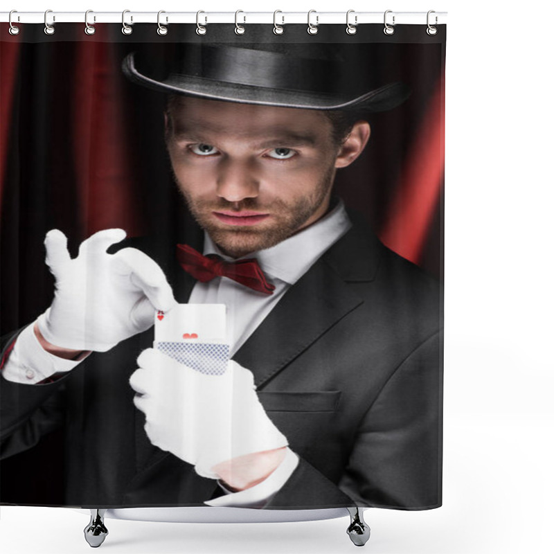 Personality  Serious Magician Holding Playing Cards In Circus With Red Curtains Shower Curtains