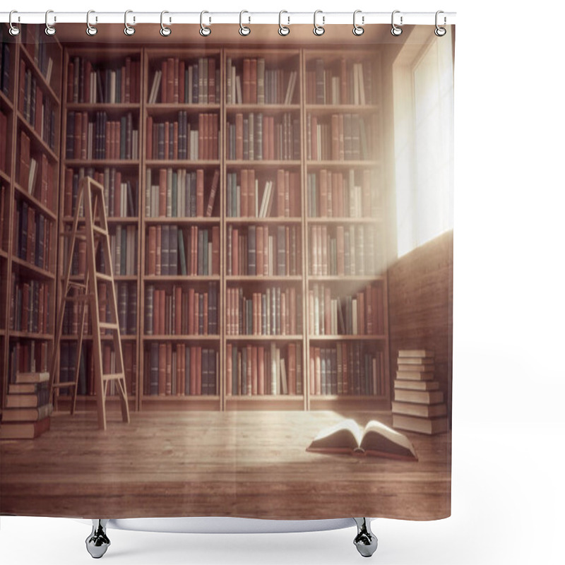 Personality  Bookshelves In The Library. This Is A 3d Render Illustration Shower Curtains