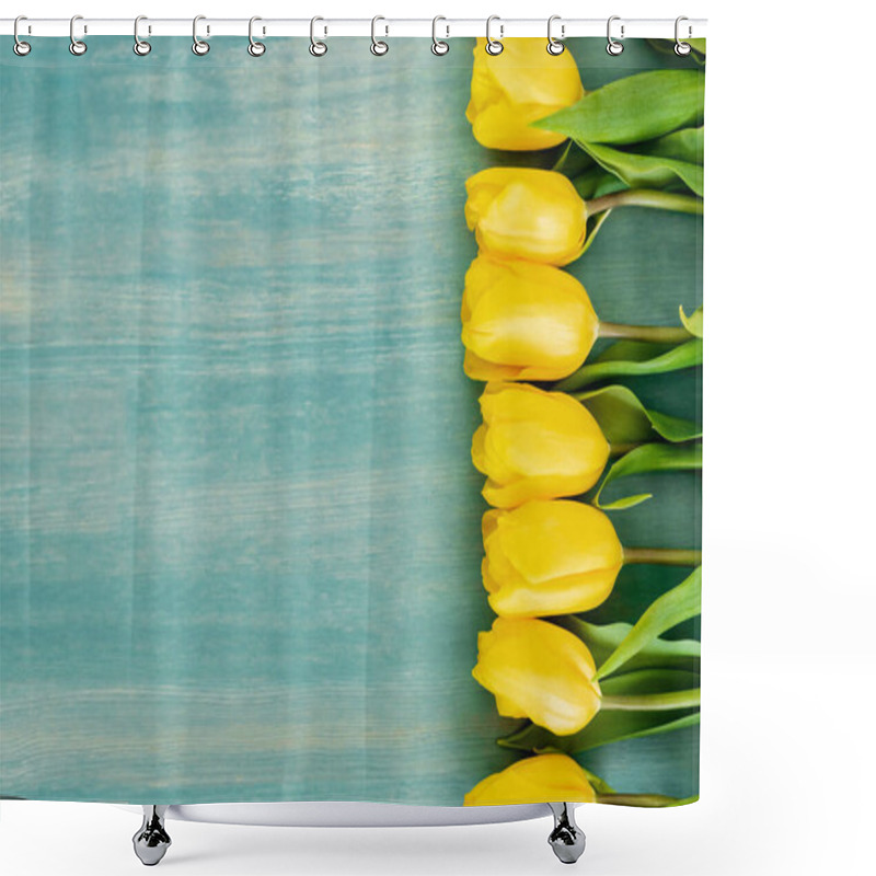 Personality  Top View Of Yellow Tulips On Blue Textured Surface, Mothers Day Concept  Shower Curtains