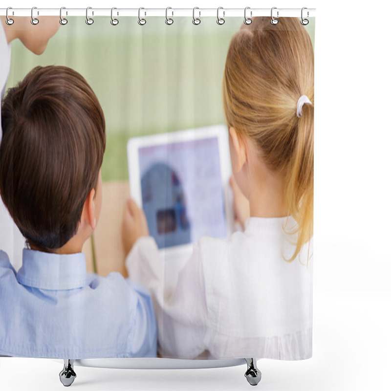 Personality  Children Using Portable Tablet. Shower Curtains