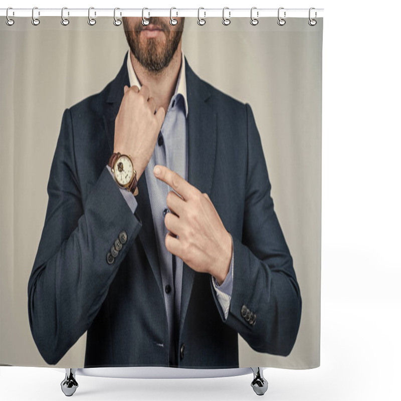 Personality  Cropped Man Businessman In Suit Pointing Finger On Time On Luxury Watch, Wristwatch Shower Curtains