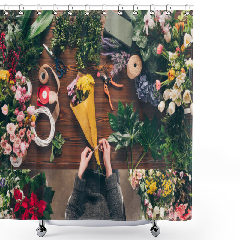 Personality  Cropped Image Of Florist Tying Ribbon On Bouquet At Flower Shop Shower Curtains