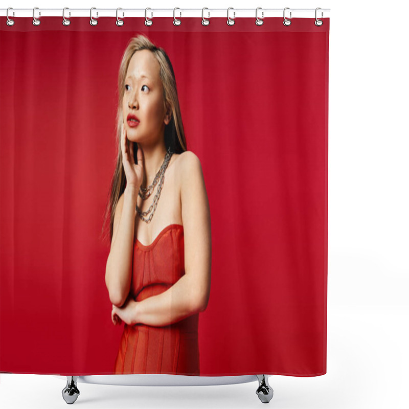 Personality  An Attractive Asian Woman Poses Dynamically In A Striking Red Dress. Shower Curtains