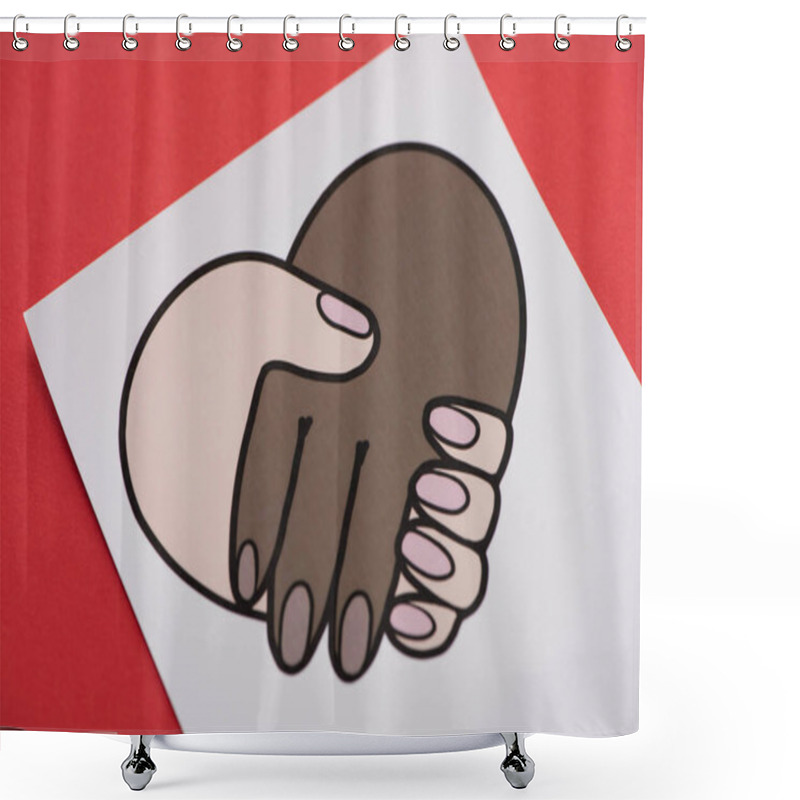 Personality  Picture With Multiethnic Handshake On Red Background Shower Curtains