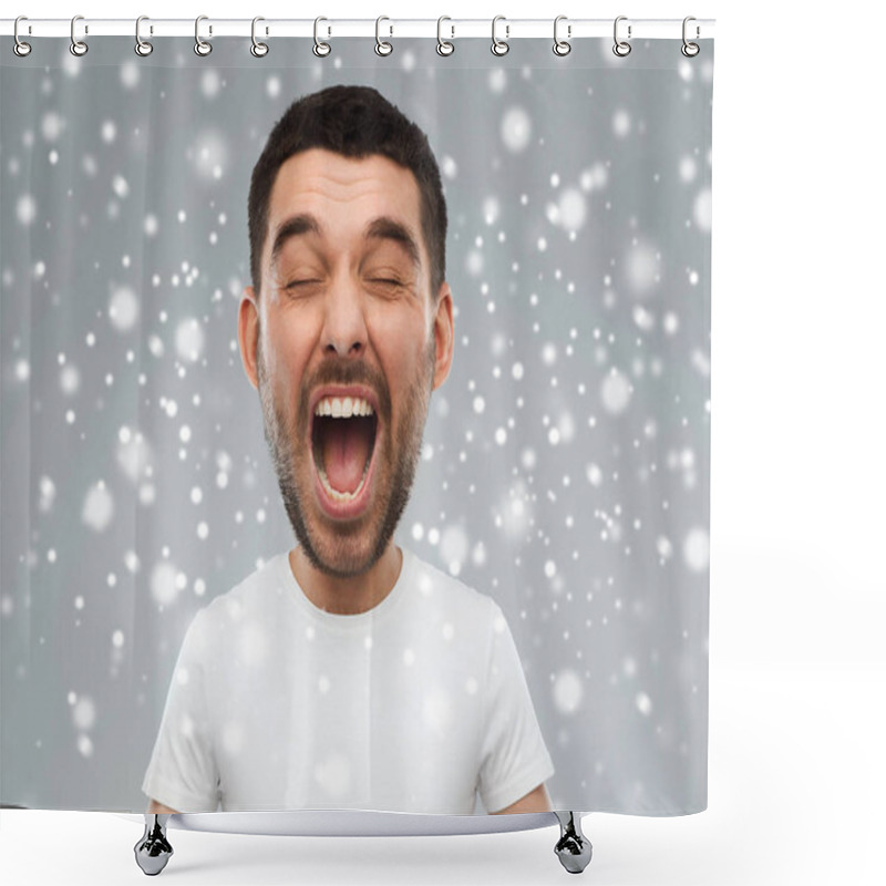 Personality  Crazy Shouting Man In T-shirt Over Snow Background Shower Curtains