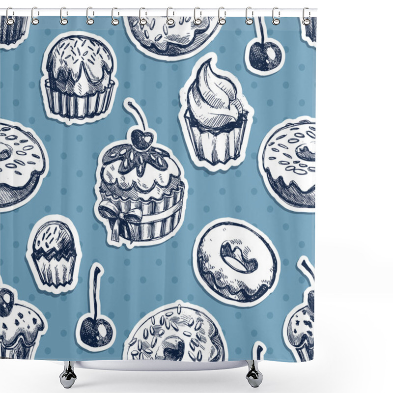 Personality  Seamless Texture Sweets, Donut, Biscuit On Background Polka Dots Shower Curtains