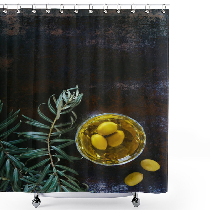 Personality  Top View Of Olive Oil And Olives In Glass On Shabby Surface Shower Curtains