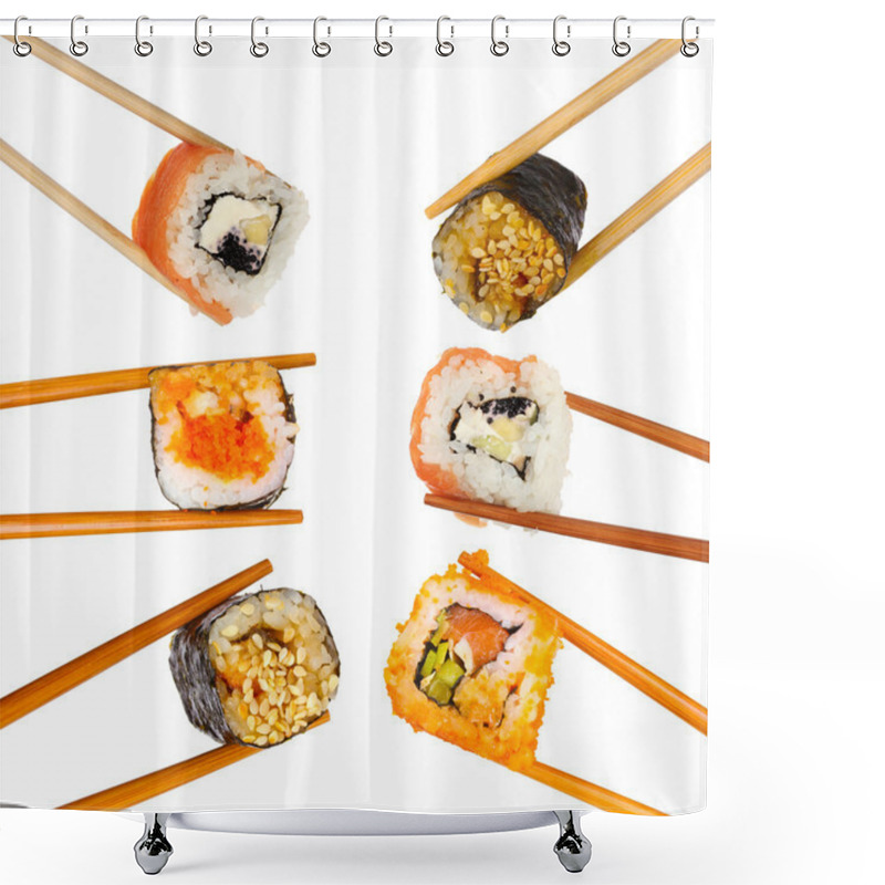 Personality  Collage Of Chopsticks With Different Food Isolated On White Shower Curtains