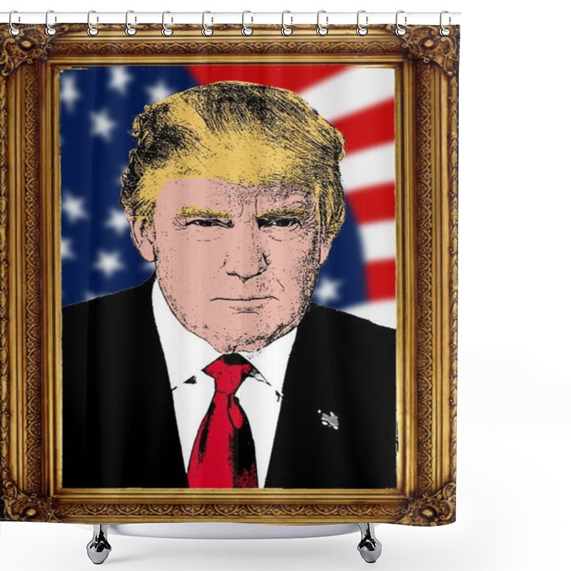 Personality  Portrait Of The President Donald Trump In A Luxurious Classical Frame Representing Power, Victory, Official Portrait Of The New King, American President. Illustration, Drawing. Shower Curtains