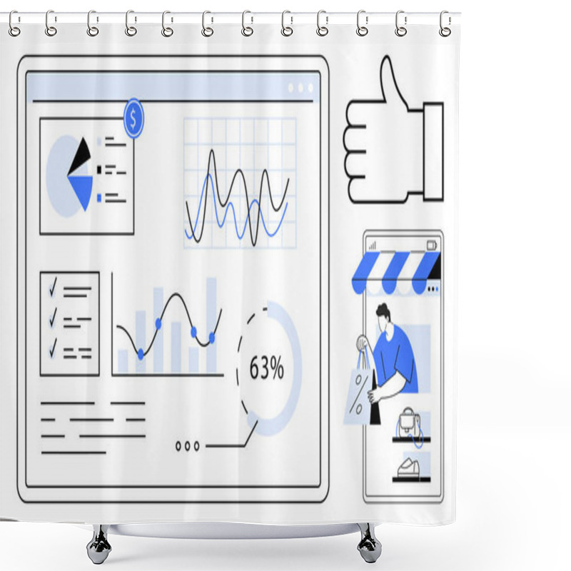 Personality  Dashboard With Pie Charts, Graphs, And Metrics Hand With Thumbs Up And Man Shopping Online On A Smartphone. Ideal For Analytics, E-commerce, Efficiency, Tech Progress, Digital Marketing, Consumer Shower Curtains