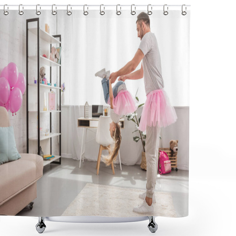 Personality  Father Helping Daughter To Make Overturn In Air Shower Curtains