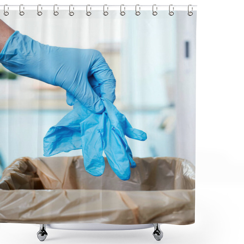 Personality  Closeup Of A Man Throwing A Used Latex Glove To The Trash Can Shower Curtains