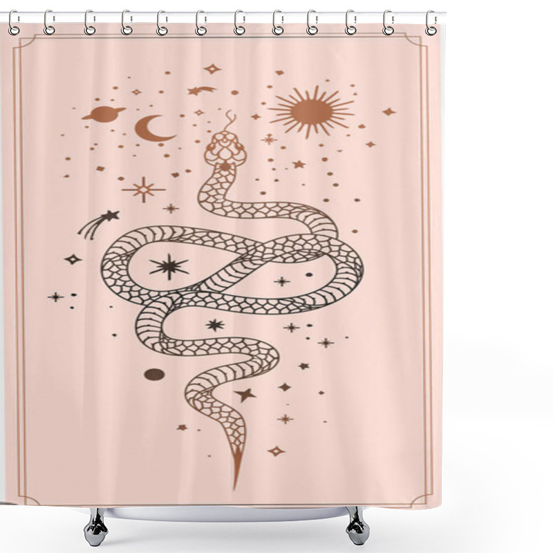 Personality  Alchemy Esoteric Mystical Magic Celestial Talisman With Snake, Sun, Stars Sacred Geometry Isolated. Spiritual Occultism Object. Vector Illustrations Outline Style Shower Curtains