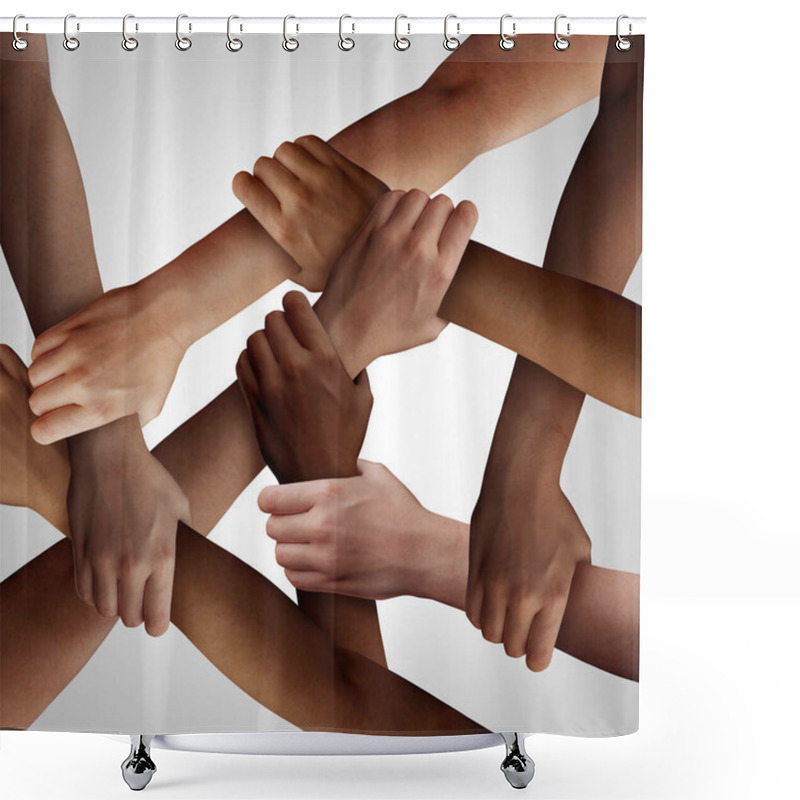 Personality  Racism And Human Civil Rights As Diverse People Of Different Ethnicity Holding Hands Together As A Social Solidarity Concept Of A Multiracial Group Working As United Partners. Shower Curtains