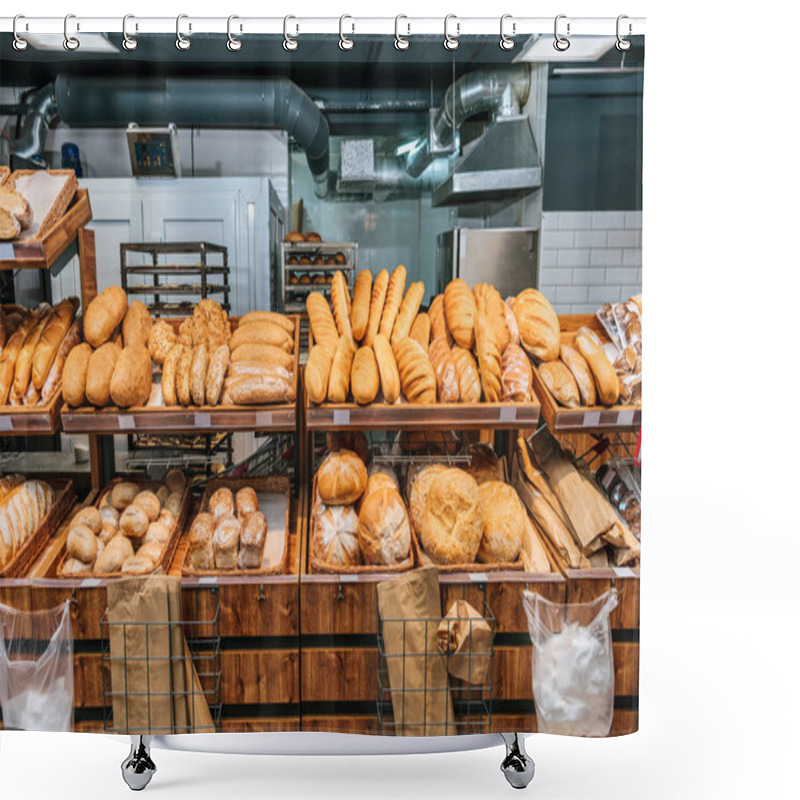 Personality  Close Up View Of Freshly Baked Bakery In Hypermarket Shower Curtains