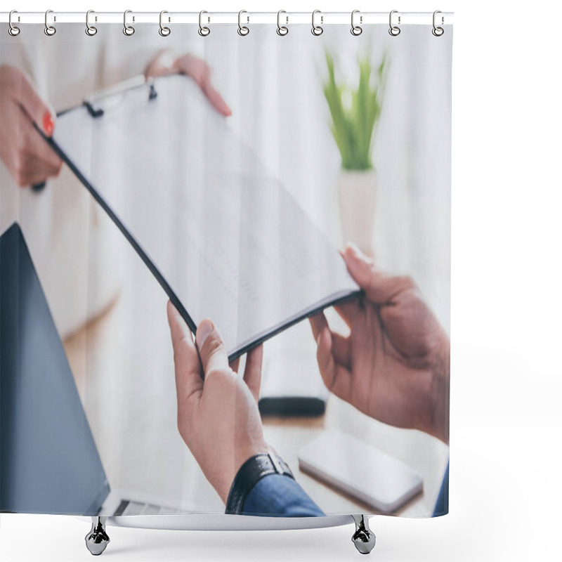 Personality  Partial View Of Businesswoman Giving Clipboard To Colleague Sitting At Workplace Shower Curtains