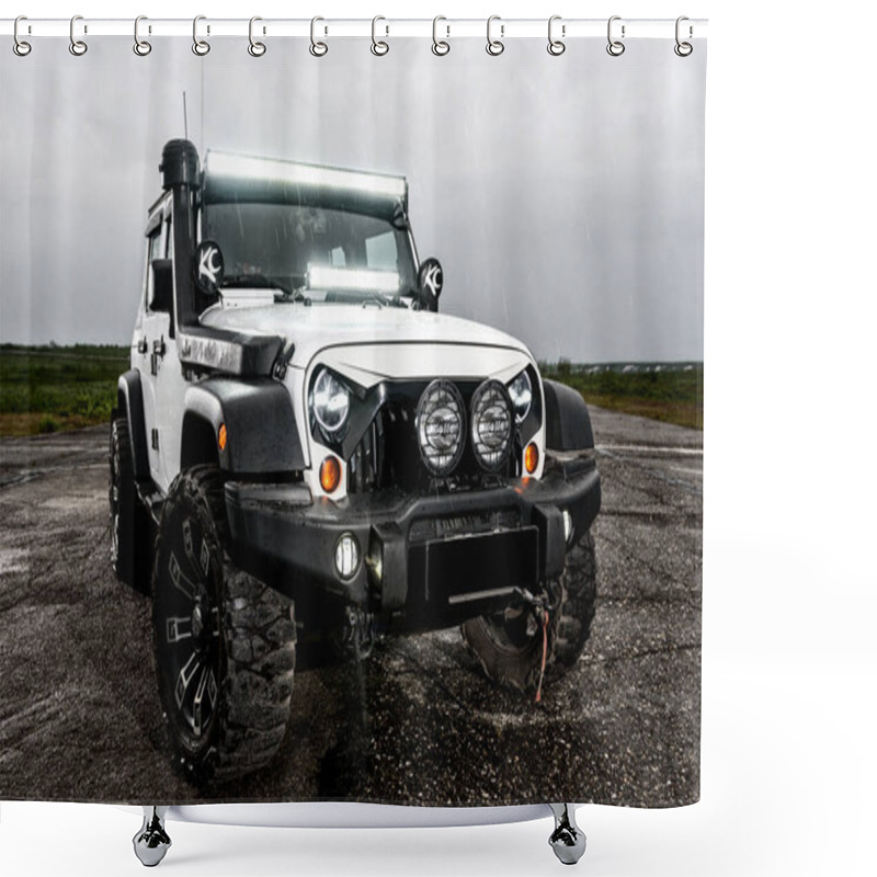 Personality  Vorkuta, Komi / Russia - 13 07 2019: Jeep Rubicon Wrangler Car In The Rain At Dusk In The Far North In The Tundra Shower Curtains