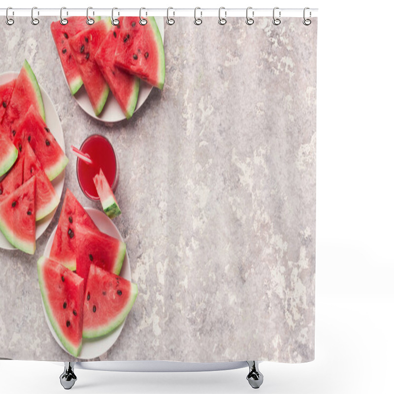 Personality  Watermelon Slices And Juice On Grey Background, Top View Shower Curtains