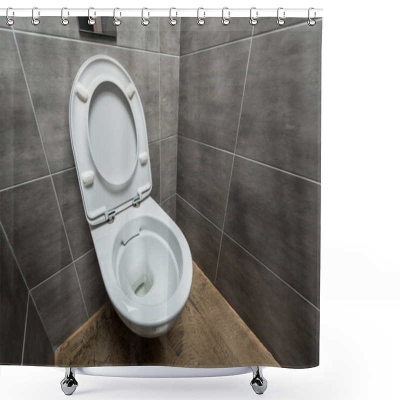 Personality  Ceramic Clean Toilet Bowl In Modern Restroom With Grey Tile Shower Curtains