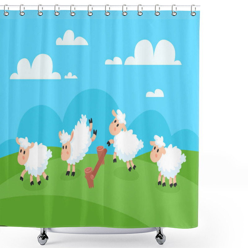 Personality  Counting Jumping Sheeps For Goodnight Sleep. Sheep Jump Over Fence For Insomnia Vector Concept Illustration Shower Curtains