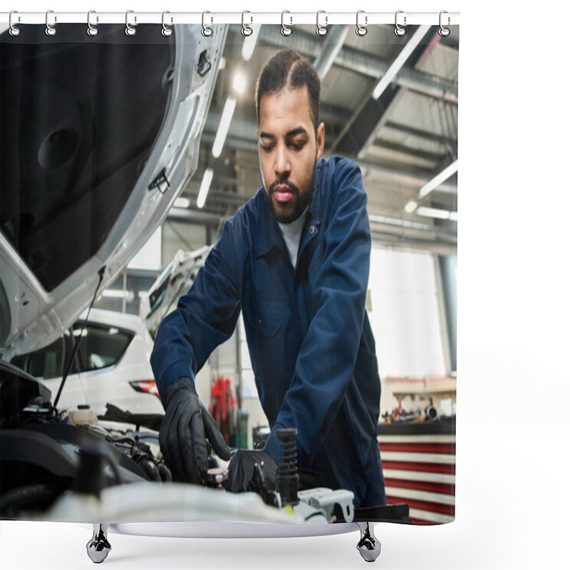 Personality  Handsome Young Mechanic Works Diligently Under The Hood Of A Vehicle In A Busy Garage. Shower Curtains