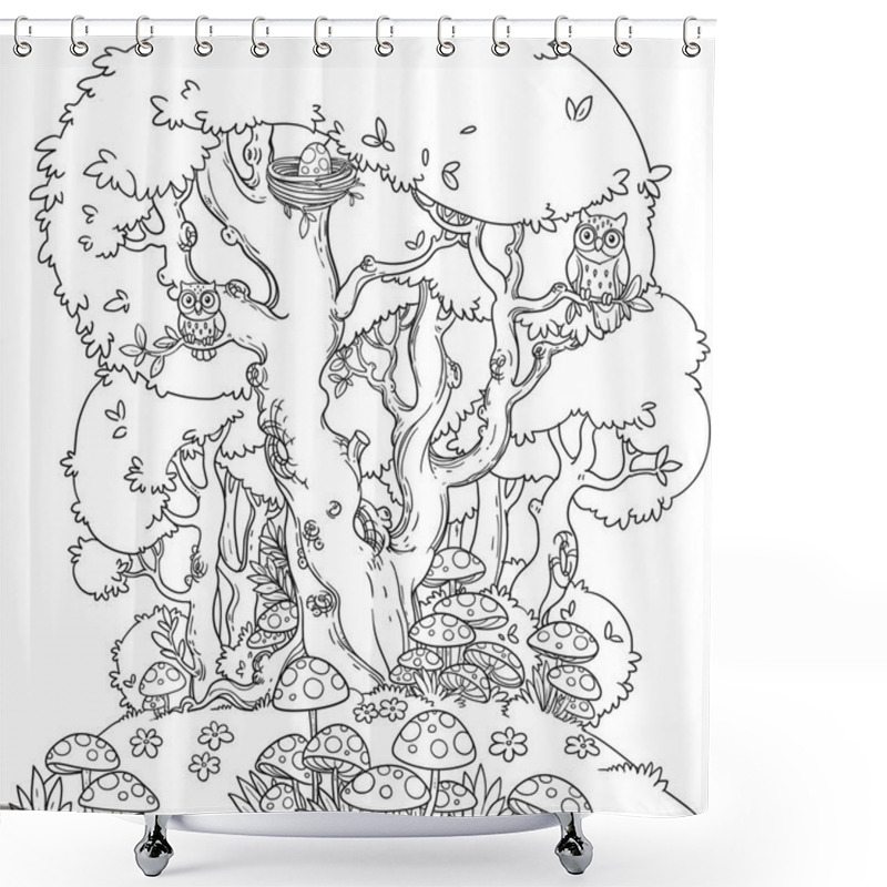 Personality  Line Art Of A Forest Glade With Toadstool And A Large Tree That Is Home To Owls Isolated On A White Background Shower Curtains