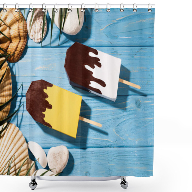 Personality  Top View Of Seashells And Palm Leaves Near Ice Cream On Wooden Blue Background Shower Curtains