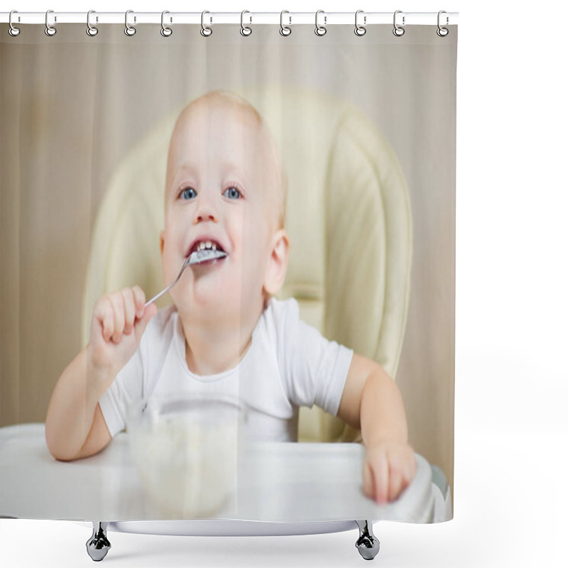 Personality  Smiling Baby In A Feeding Chair Holds A Spoon In His Mouth And Smiles Shower Curtains