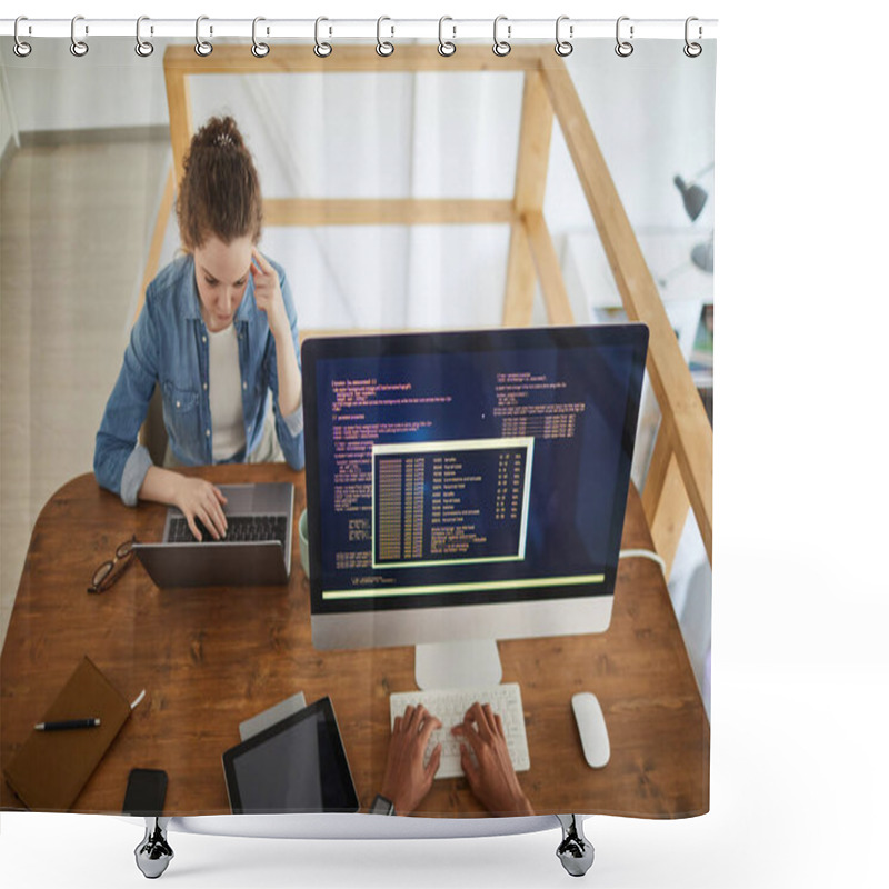 Personality  High Angle Portrait Of Young Woman Using Laptop While Working At Desk In Software Development Agency With Unrecognizable Male Colleague Writing Code On Computer Screen In Foreground, Copy Space Shower Curtains