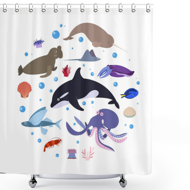 Personality  Design Template With Sea Animal In Circle For Kid Print. Round Composition Of Marine Animals, Whale, Octopus And Narwhale, Sea Elephant. Shower Curtains