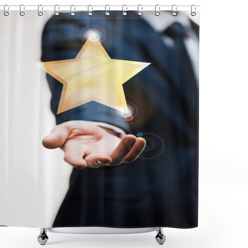 Personality  Cropped View Of Businessman In Suit With Outstretched Hand Near Star On White, Quality Concept  Shower Curtains