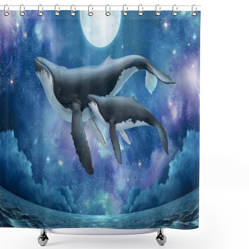 Personality  Whale Family Flying Above Shimmering Sea Surface In Surreal Starry Night In Fisheye View, 3d Illustration Shower Curtains