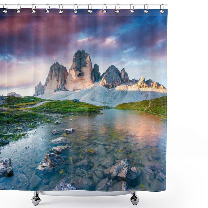 Personality  Colorful Summer Scene On The Lake Rienza - Ursprung In National Park Tre Cime Di Lavaredo. Sunrisi In Dolomite, South Tyrol. Location Auronzo, Italy, Europe. Shower Curtains