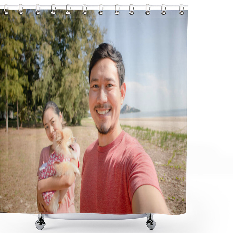 Personality  Happy Asian Couple On The Beach With A Puppy. Shower Curtains